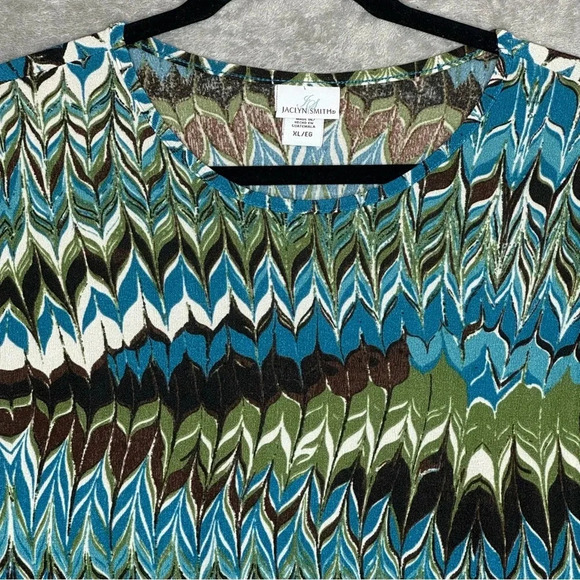 Jaclyn Smith XL Shirt Top Blue Green Geometric Short Sleeve Scoop Neck Stretch - Picture 3 of 7
